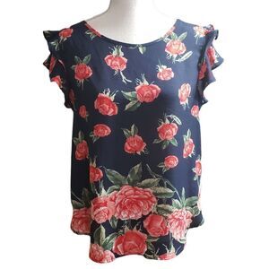 OLM Navy Res Roses Print Sheer Double Layer Ruffle Sleeves Sz M